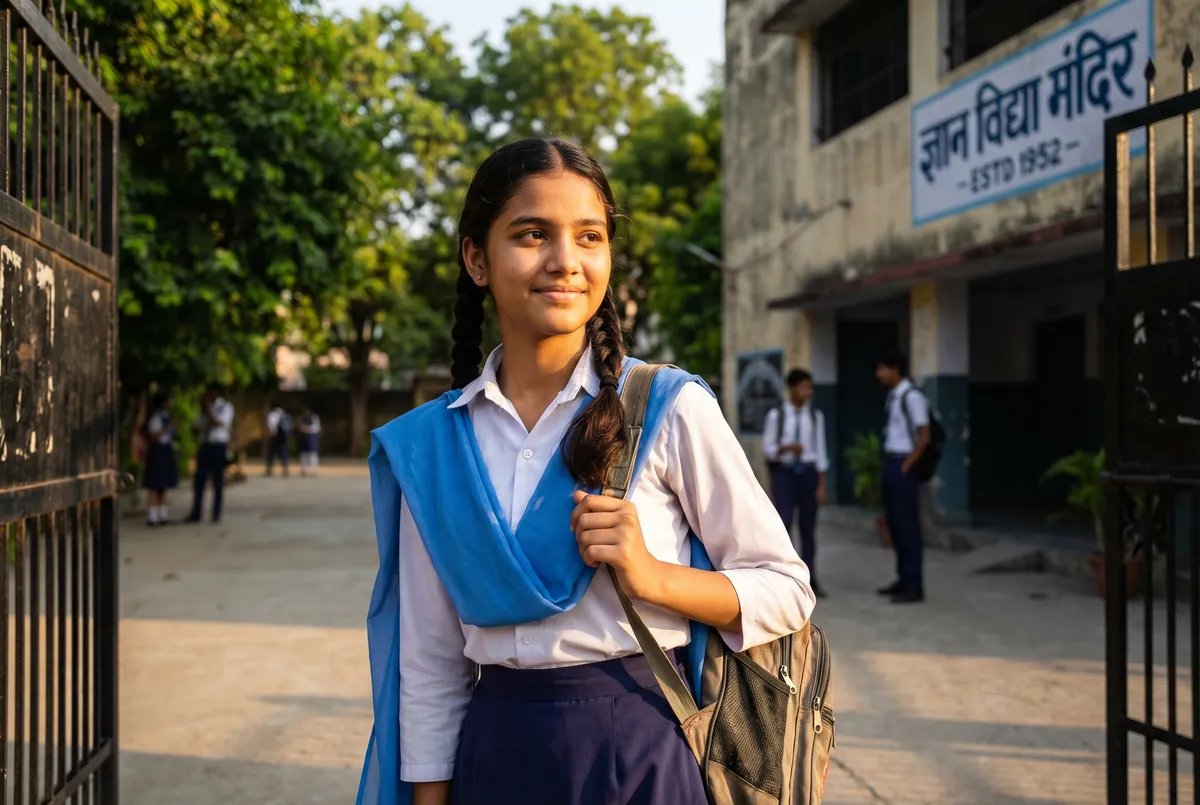 Indian schoolgirl in white uniform and blue dupatta, morning light