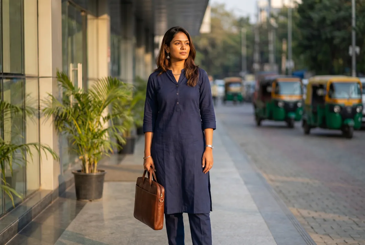 Young Indian woman in navy kurta outside a modern office