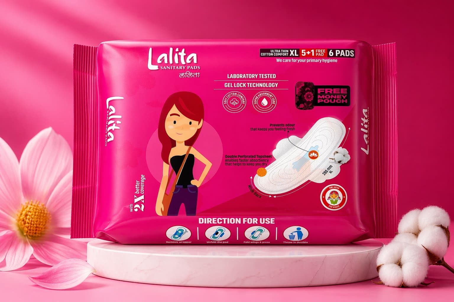 Lalita XL Fluff Straight Cotton Comfort pack: 5 + 1 FREE PAD, 6 pads per pack.