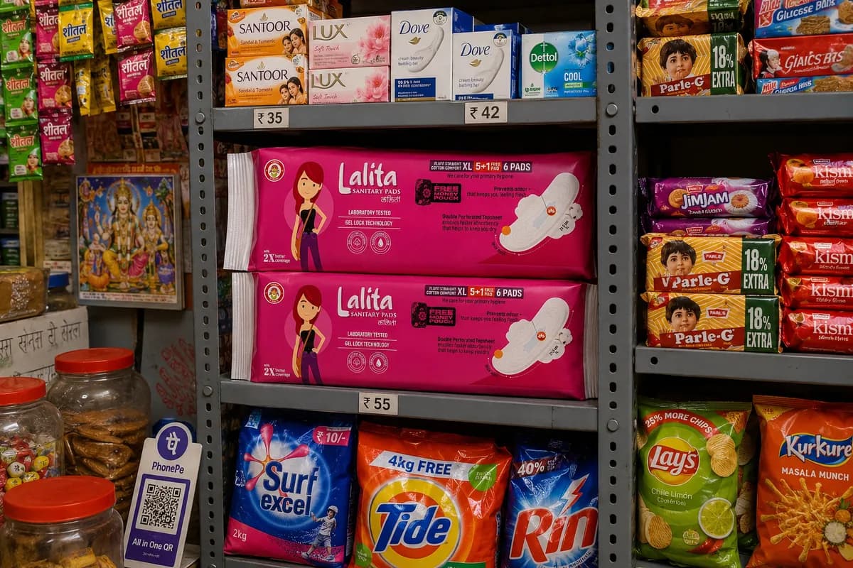 Three Lalita packs on a wooden kirana shop shelf